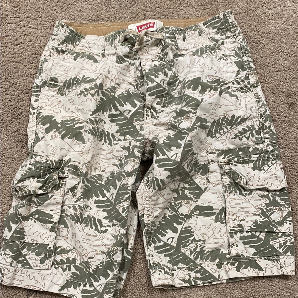 Levi's Green and White Cargo Shorts with Leafy Pattern